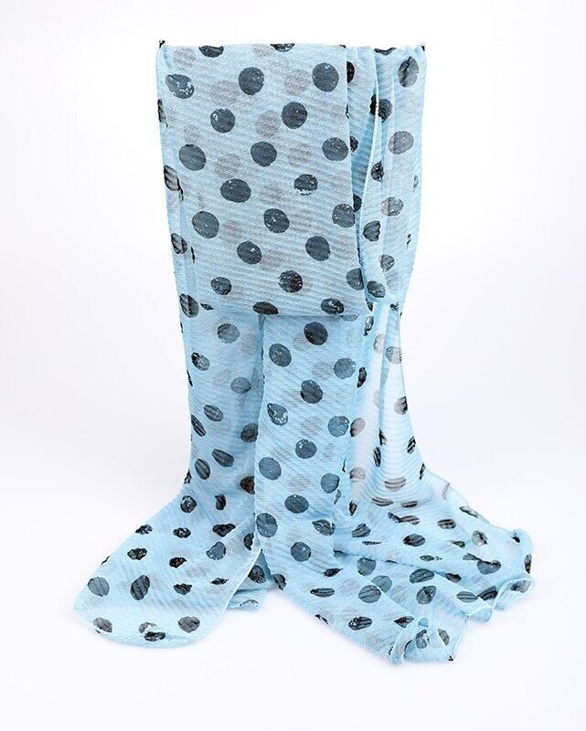 Foulard-écharpe, en viscose, motif  à gros pois couleur noir sur fond bleu clair, 80 cm sur 180 cm, neuf
