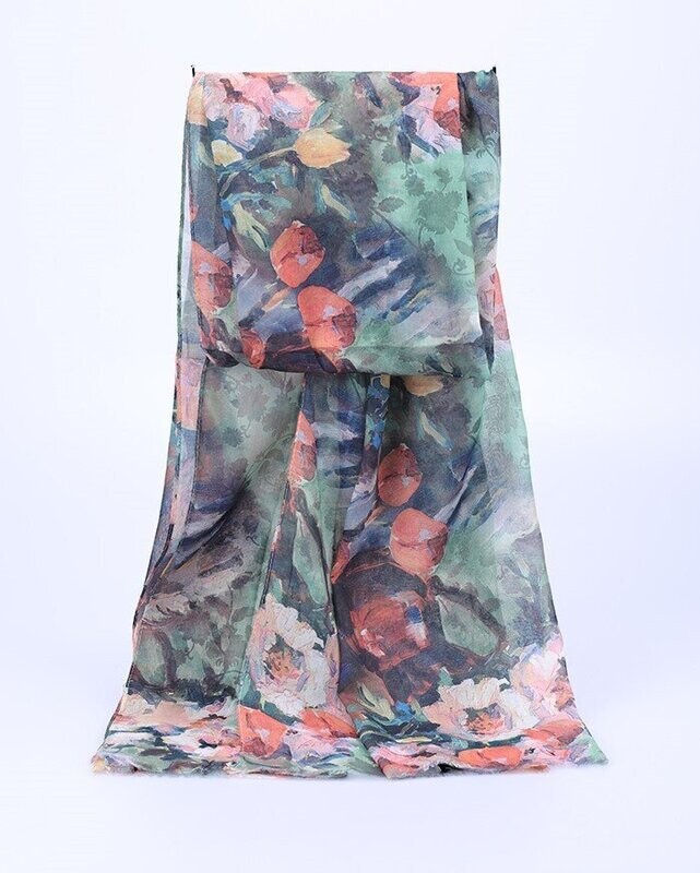 Foulard-écharpe, en viscose, motif floral stylisé, couleurs vert, rouge, bleu, rose, orange, 70 cm sur 180 cm, neuf