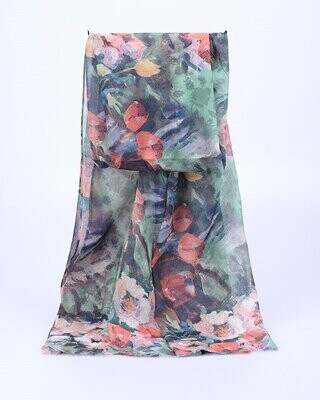 Foulard-écharpe, en viscose, motif floral stylisé, couleurs vert, rouge, bleu, rose, orange, 70 cm sur 180 cm, neuf