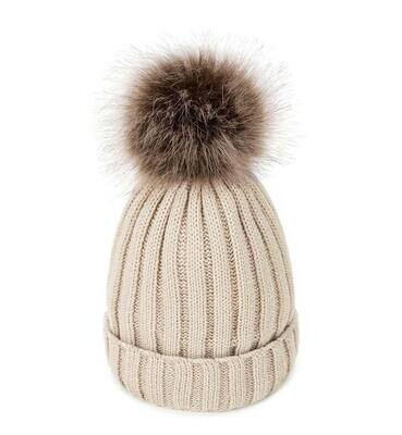 Bonnet automne-hiver, casual, en mailles tricot torsades, couleur beige et pompon, neuf