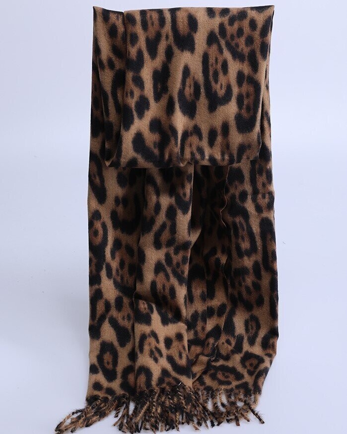 Echarpe en laine mélangée, motif animalier, couleurs ocre-noir-camel, 70 cm sur 180 cm, neuve