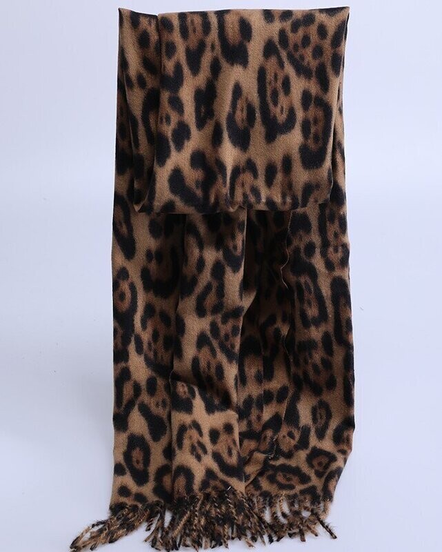 Echarpe en laine mélangée, motif animalier, couleurs ocre-noir-camel, 70 cm sur 180 cm, neuve