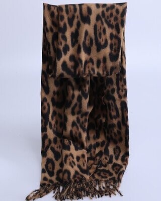 Echarpe en laine mélangée, motif animalier, couleurs ocre-noir-camel, 70 cm sur 180 cm, neuve