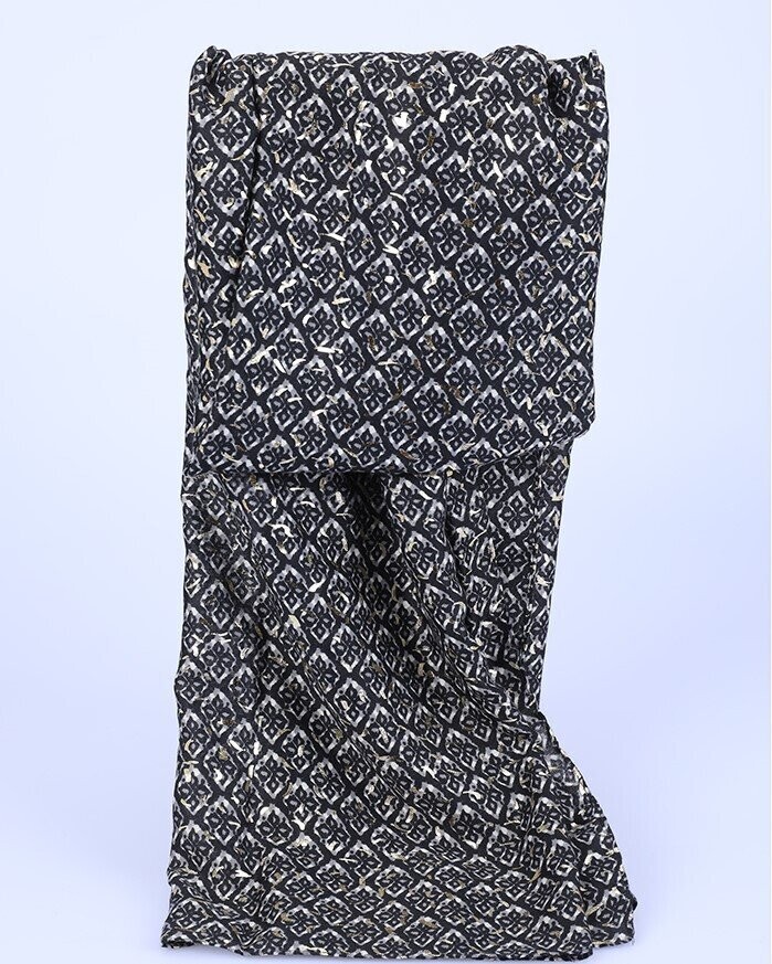 Foulard automne-hiver, motif stylisé, couleurs noir-gris-blanc et doré, en viscose, 80 cm sur 180 cm, neuve