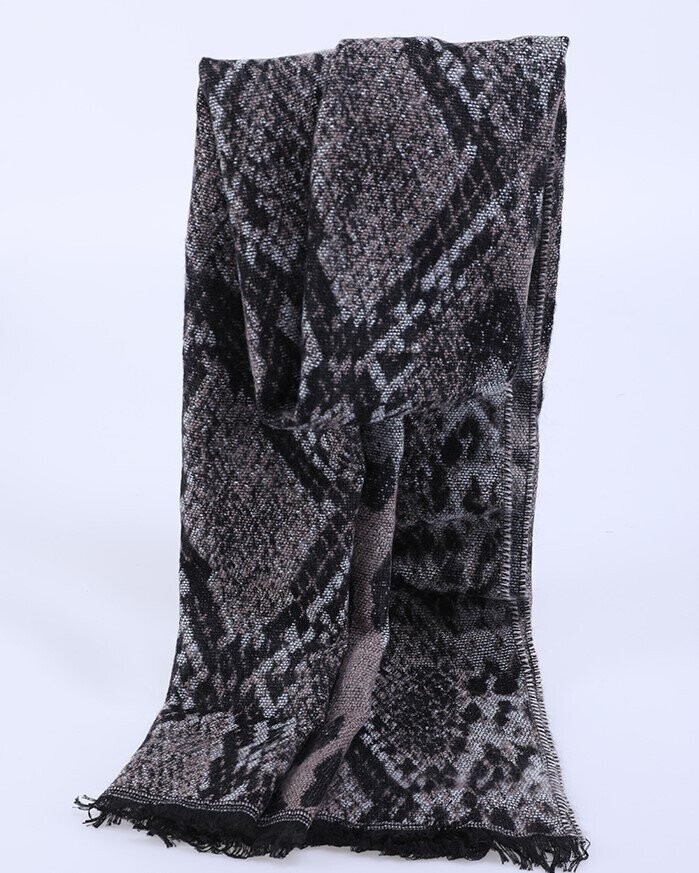 Foulard automne-hiver, motif animalier stylisé, couleurs noir, gris clair, gris taupé, rose pâle, en synthétique, 90 cm sur 180 cm, neuve