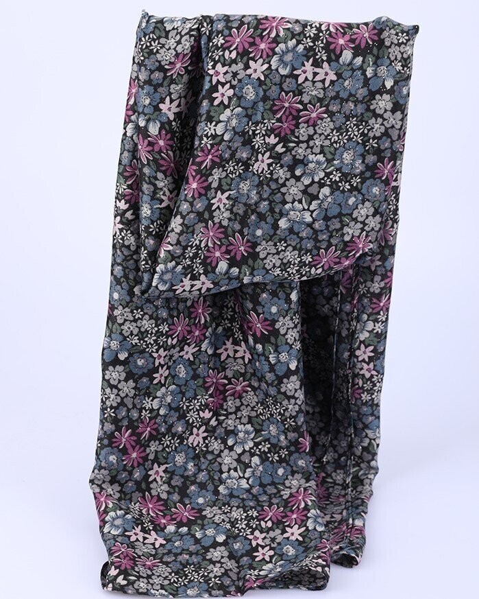 Foulard automne-hiver, motif fleurs stylisé, couleurs noir, gris, bleu gris, blanc, rose pâle, rose foncé, en viscose, 90 cm sur 185 cm, neuve