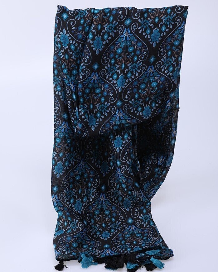 Foulard automne-hiver, motif fleur stylisé, couleurs noir, bleu, blanc, en viscose, 90 cm sur 180 cm, neuve