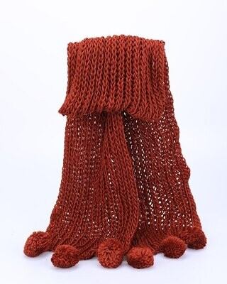 Echarpe automne-hiver, en mailles, couleur orange terra cota, avec pompons, en synthétique, 40 cm sur 160 cm, neuve
