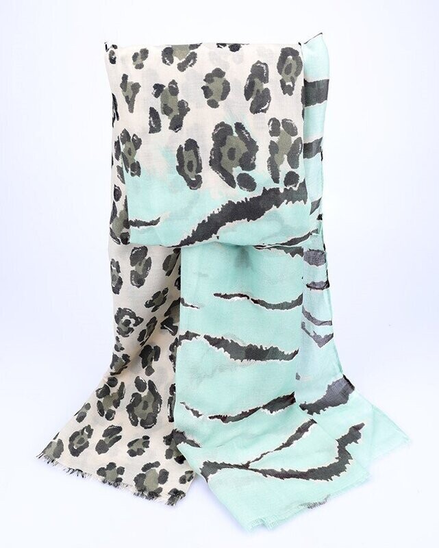 Foulard-écharpe, en viscose, motif végétal bleu turquoise clair et motif animalier gris taupé et kaki, 80 cm sur 180 cm, neuf