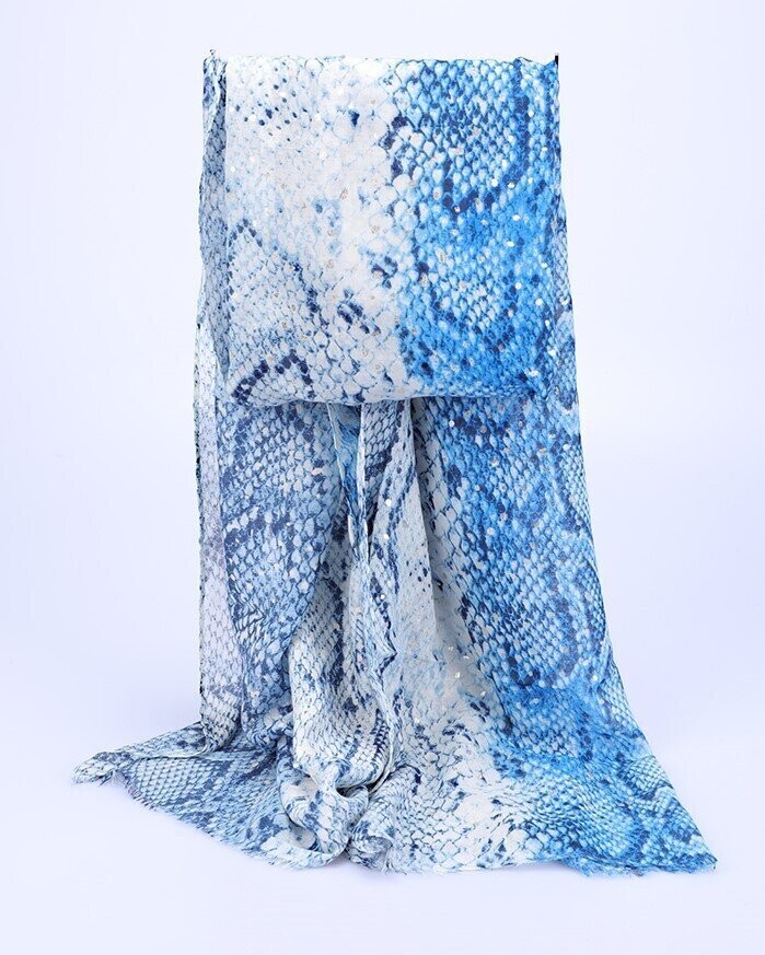 Foulard-écharpe, en viscose, motif animalier stylisé python, bleu marine, bleu vif, bleu pâle, blanc, 80 cm sur 180 cm, neuf