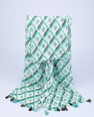 Foulard-écharpe, en viscose, motif géométrique, en verts, 80 cm sur 180 cm, neuf