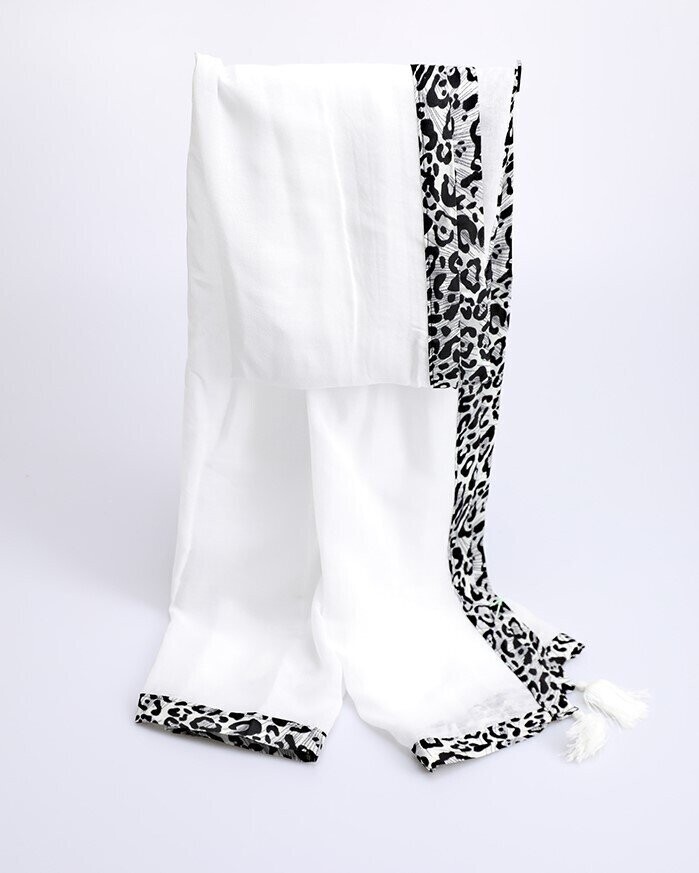 Foulard-écharpe, en viscose, motif animalier stylisé sur les bords, noir et gris, fond blanc, 80 cm sur 180 cm, neuf