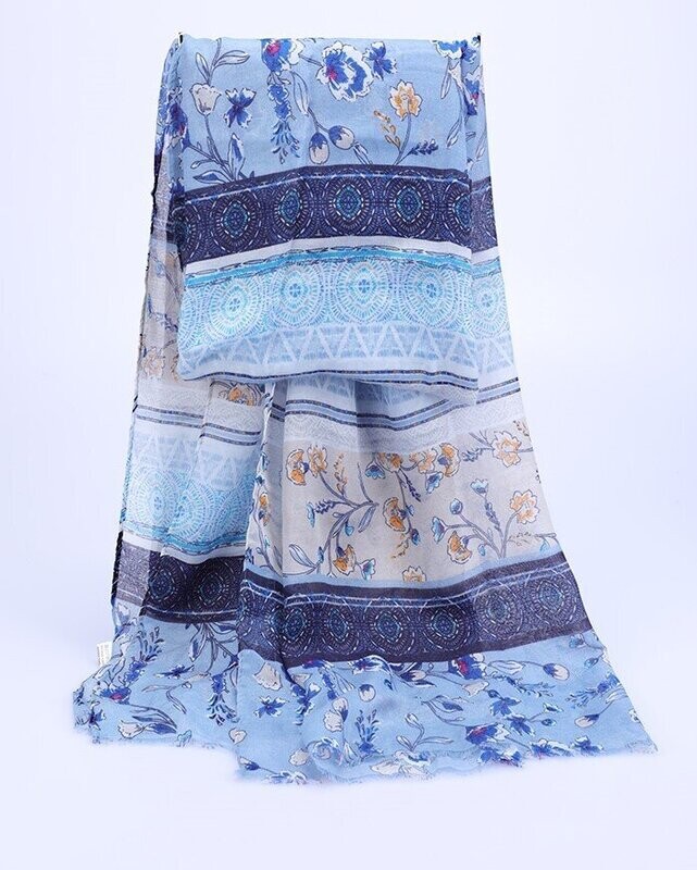 Foulard-écharpe, en viscose, motif floral stylisé, couleurs différents bleus et différents roses, 70 cm sur 180 cm, neuf