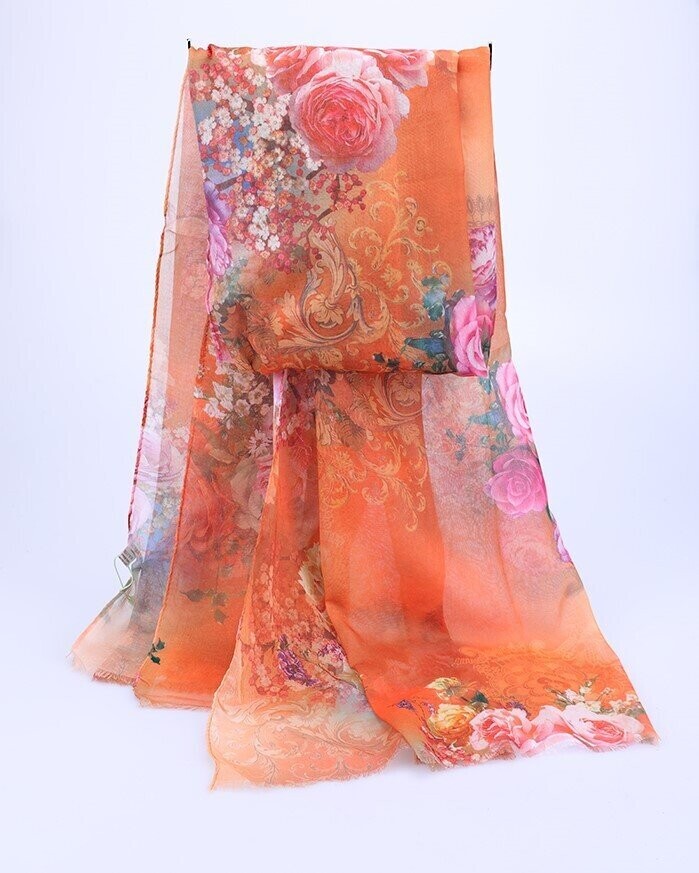Foulard-écharpe, en viscose, motif floral stylisé, couleurs différents oranges et différents roses, 70 cm sur 180 cm, neuf