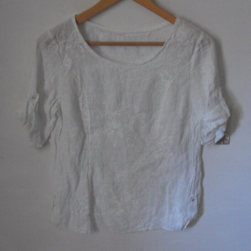 Blouse-haut été en lin blanc avec motif fleur stylisé brodé, TU, neuve