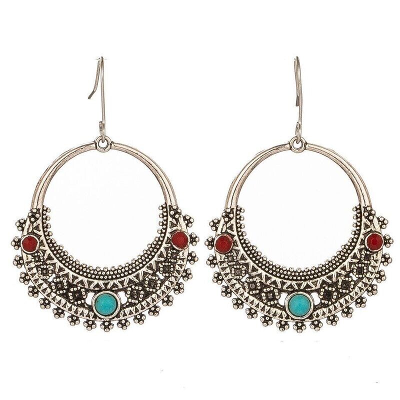 Boucles d'oreilles anneau, rétro hippie, métal argent alliage de zinc, neuves