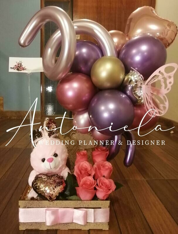 Bouquet ilusión, bouquet de globos, flores y peluches