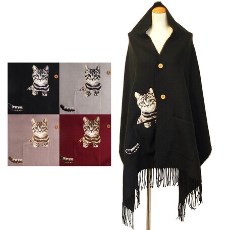 Cat Embroidery Poncho Stole