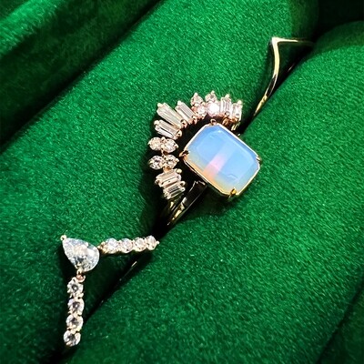 Emerald Cut Rainbow Moonstone w/ Stackable Rings (Emraida)