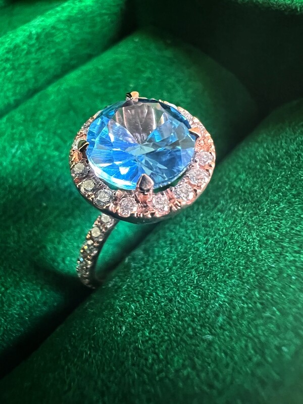 Aquamarine Halo Engagement Ring w/ Diamonds (Lani)