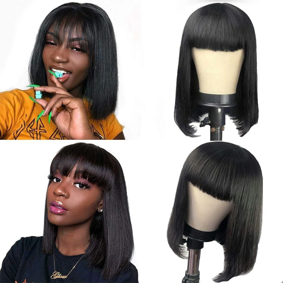 Peluca humana recta estilo Bob malasio con flequillo hecho a máquina Remy
