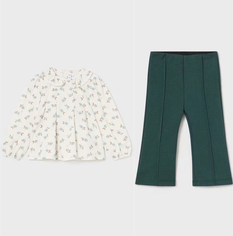 Mayoral Floral Ruffle Collar Blouse with Flared Trousers