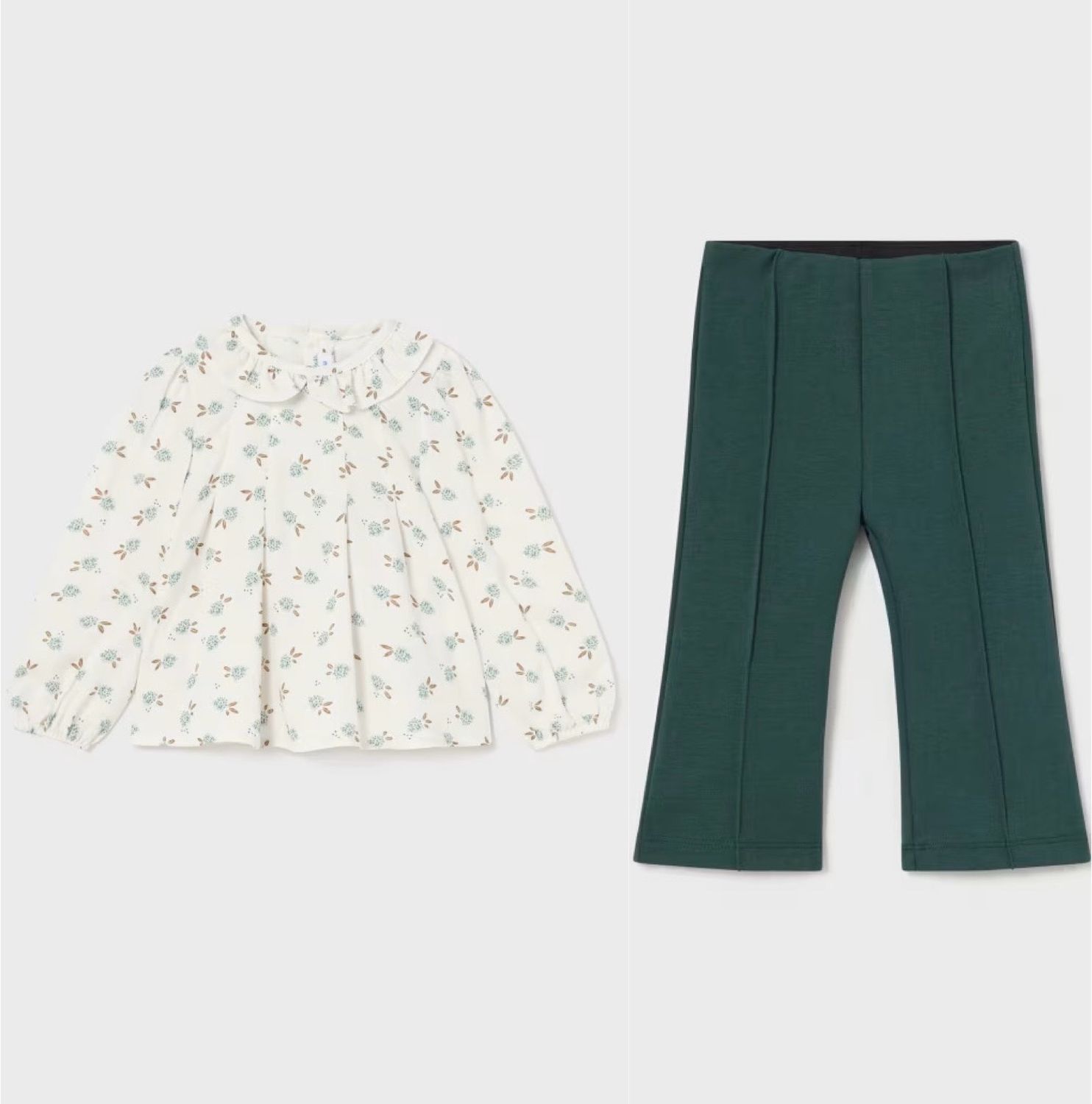 Mayoral Floral Ruffle Collar Blouse with Flared Trousers