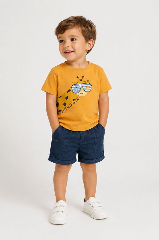 Mayoral giraffe T-shirt and denim bambula shorts