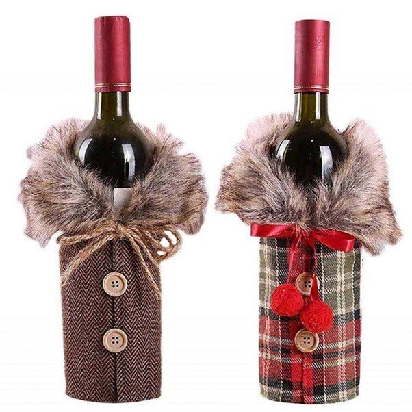 Tweed with fur collars wine bottle jackets bottle sleeves - a more interesting gift or dinner party centrepiece