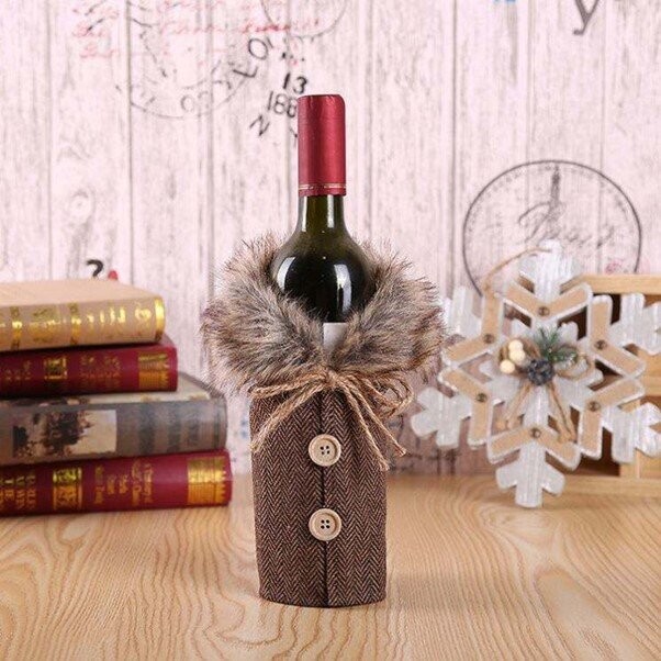 Tweed with fur collars wine bottle jackets bottle sleeves - a more interesting gift or dinner party centrepiece