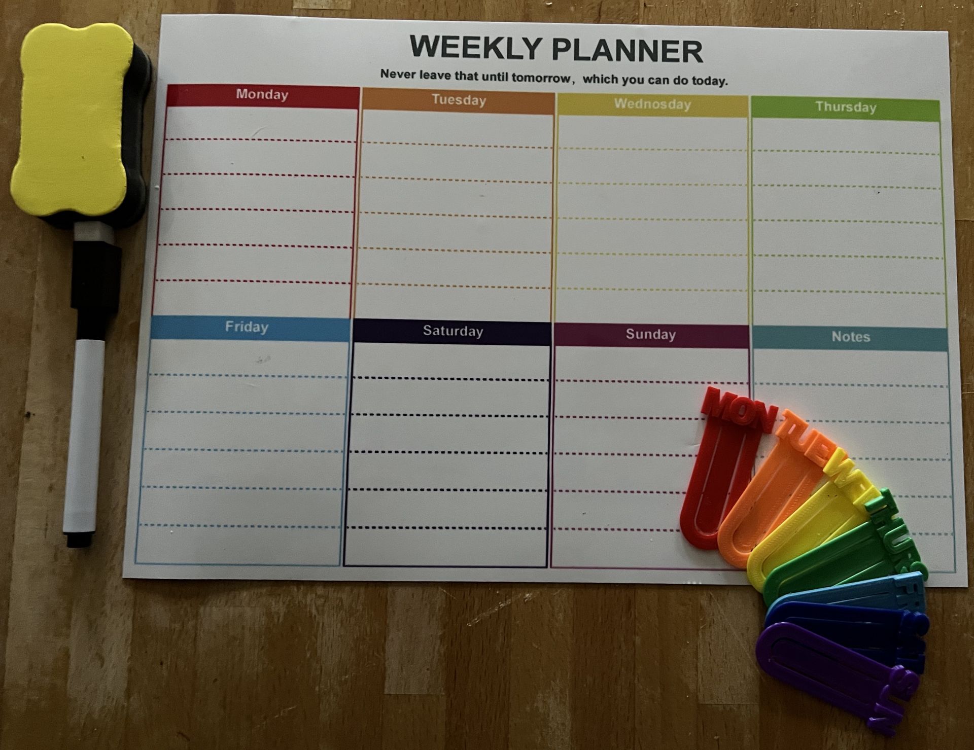 A4 Magnetic Weekly Planner, Dry Wipe Fridge Calendar Whiteboard with dry wipe pen, eraser and matching day of the week bookmarks