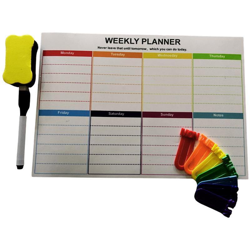 A4 Magnetic Weekly Planner, Dry Wipe Fridge Calendar Whiteboard with dry wipe pen, eraser and matching day of the week bookmarks