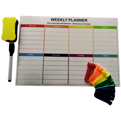 A4 Magnetic Weekly Planner, Dry Wipe Fridge Calendar Whiteboard with dry wipe pen, eraser and matching day of the week bookmarks