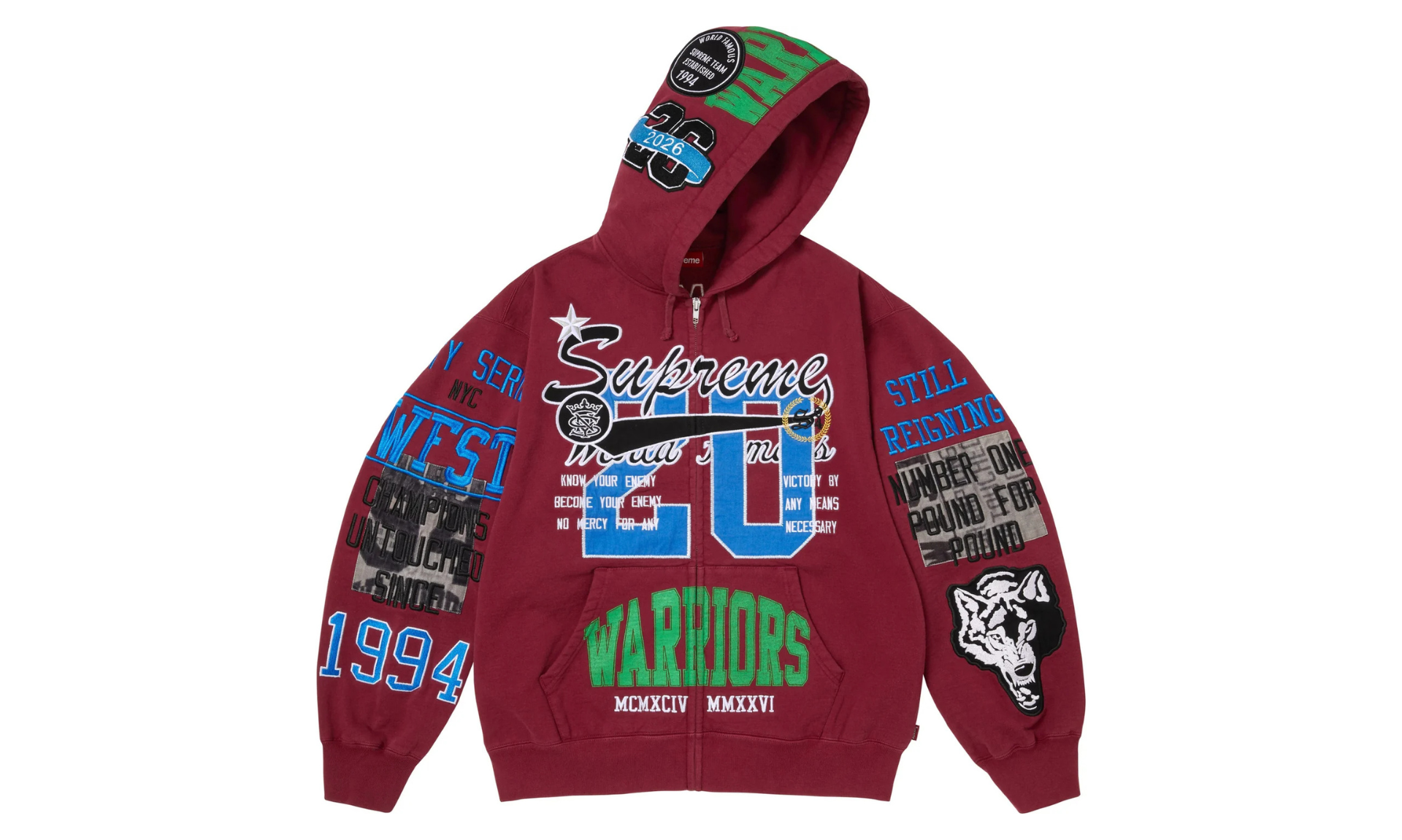 Supreme Warriors Appliqué Zip Up Hooded Sweatshirt Cardinal | OVERCEZ