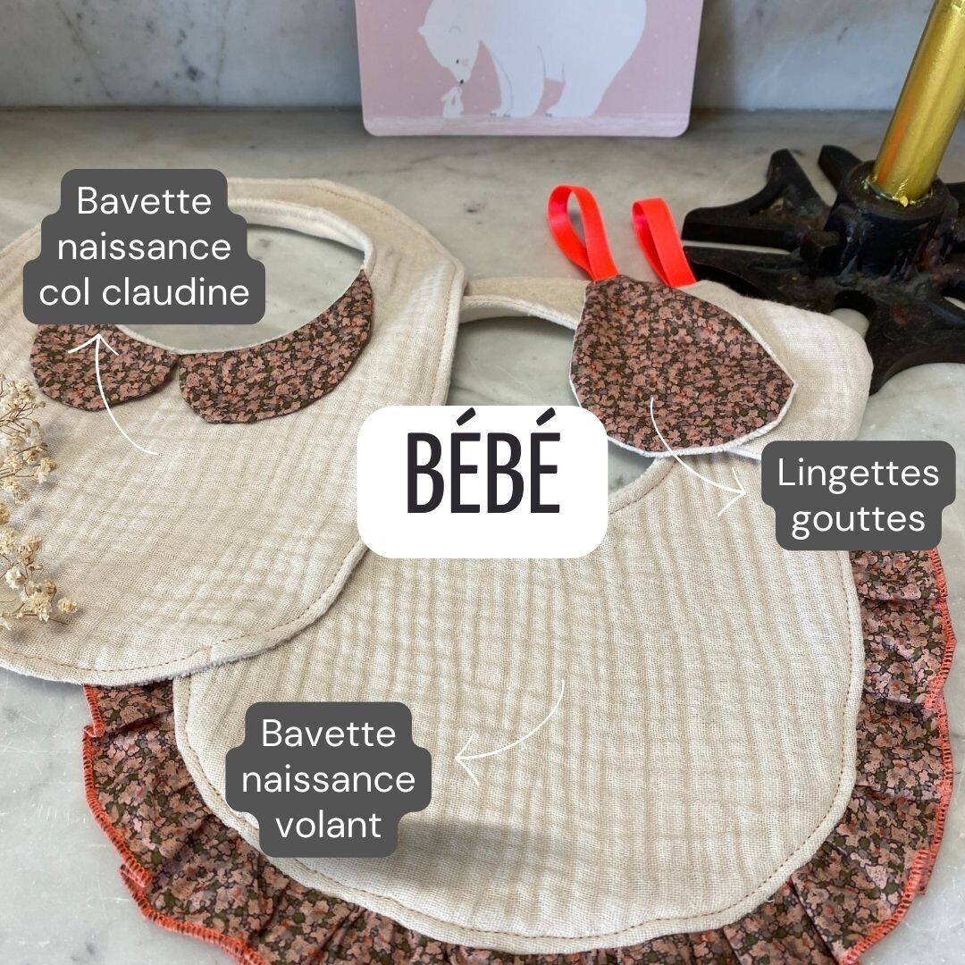 Cadeaux de naissance : attache tétine, bavette, bavoir foulard, lingettes, plaid, ...