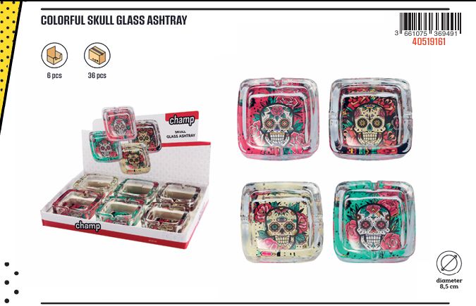 CH GLASS ASHTRAY COLORFUL SKULL DL-6