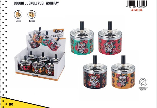 CH PUSH ASHTRAY COLORFUL SKULL DL-6