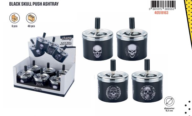 CH PUSH ASHTRAY BLK SKULL DL-6