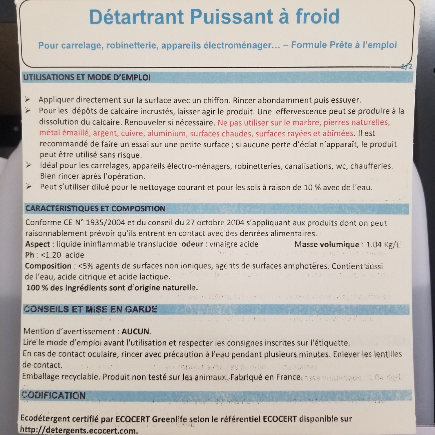 1kg de Détartrant Puissant à froid