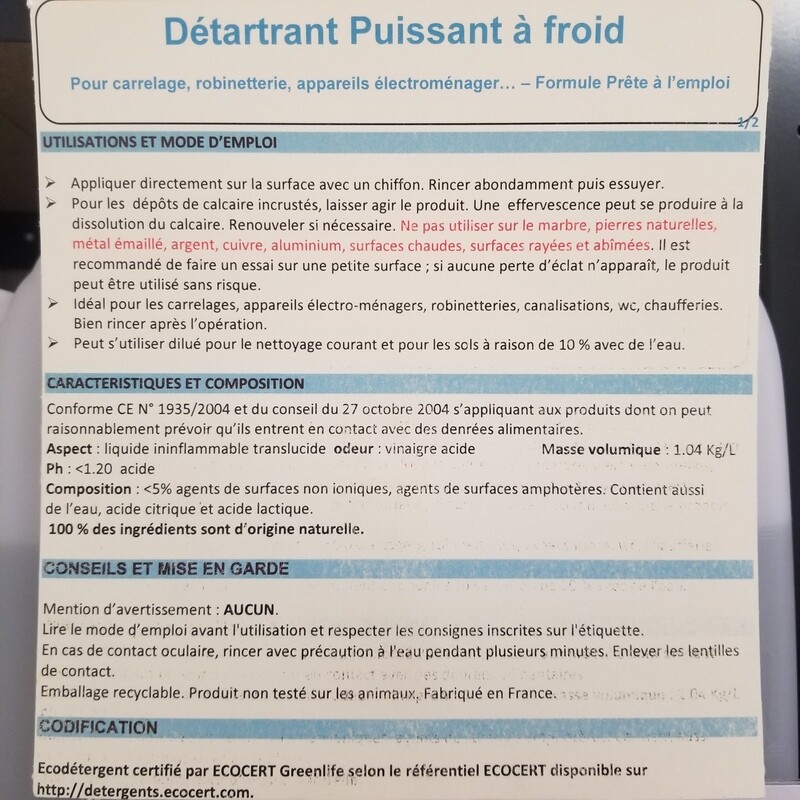 1kg de Détartrant Puissant à froid