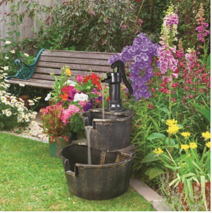 GardenKraft Outdoors 2-Tier Tap &amp; Barrel Fountain Water Feature