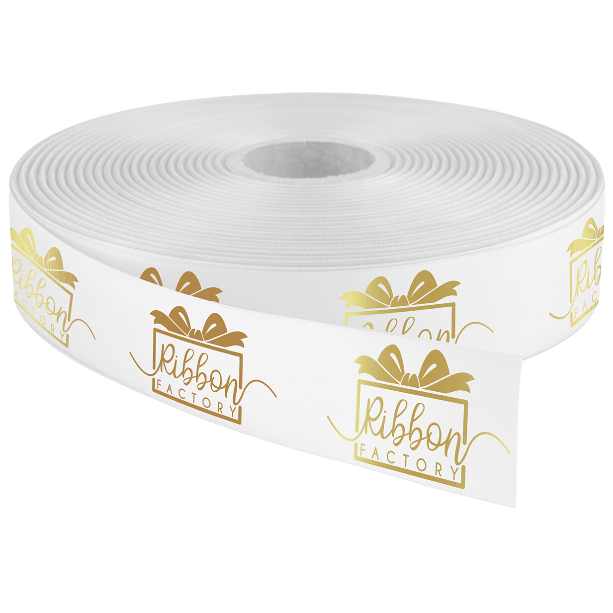 15mm - Pre-Cut Corporate Printed Ribbon, Ribbon Colour: WHITE, Foil Colour (See Picture 2): Metallic Gold
