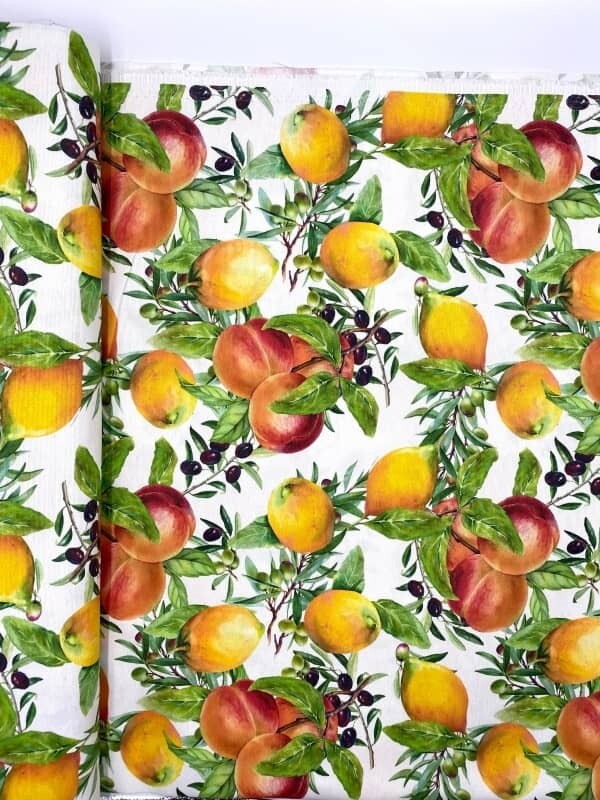 Tessuto Misto Cotone con Pesche Limoni e Olive