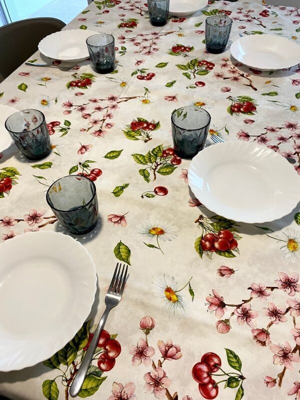 Tovaglia 100% cotone con Fiori di Pesco e Ciliegie