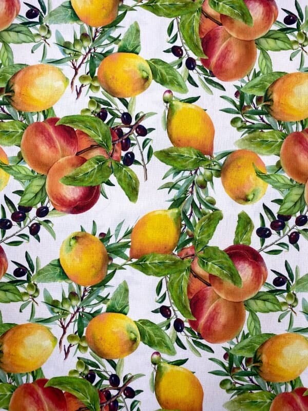 Tessuto Misto Cotone con Pesche Limoni e Olive