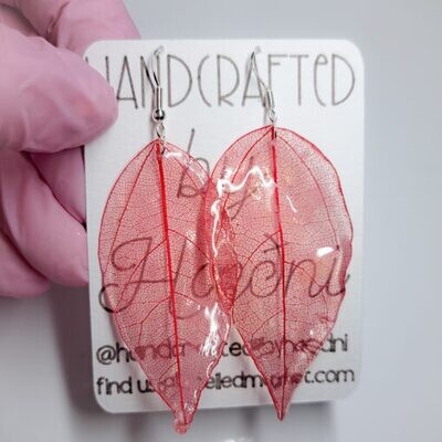 Crystallised Skeleton Leaf Earrings Red