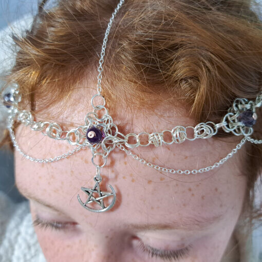 Silver and Amethyst Ceremonial Chain Mail Crown with Swarovski Beads