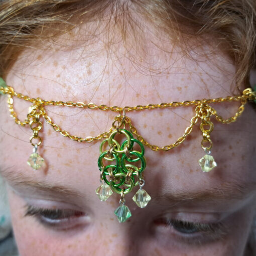 Gold and Aventurine Ceremonial Chain Crown with Swarovski Beads