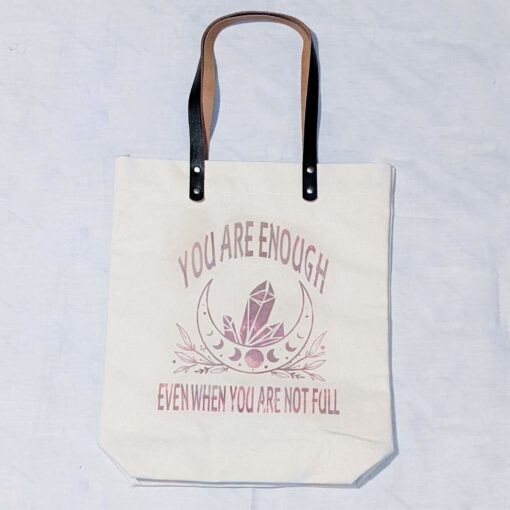 “You are enough” Moon inked Tote Bag Leather Straps