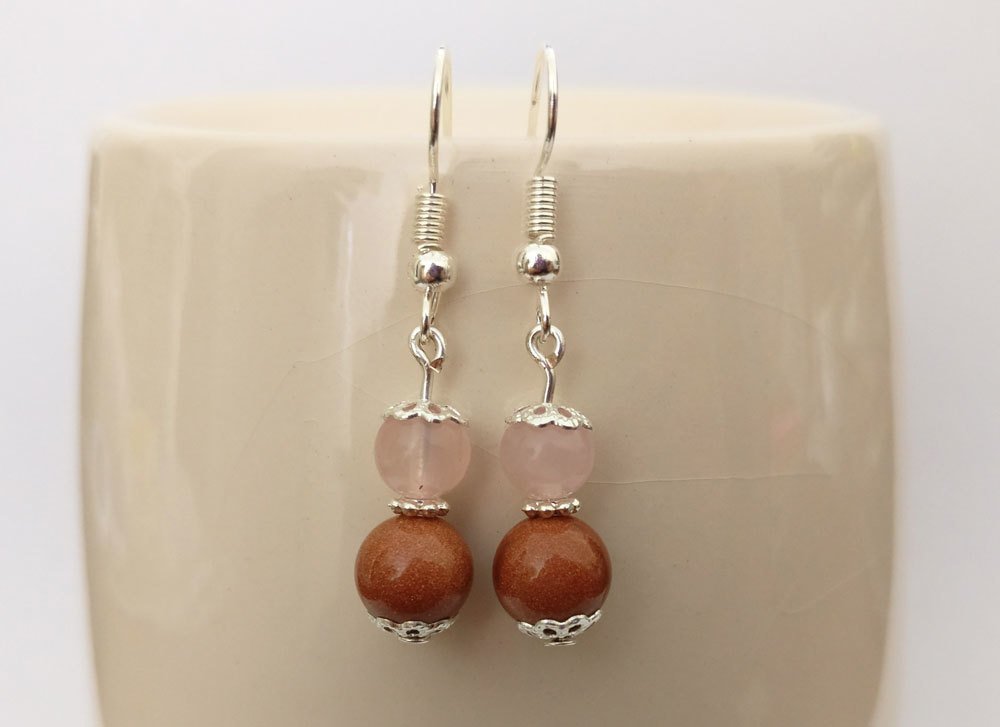 Goldstone and Rose Quartz Round Beads Dangle Earrings